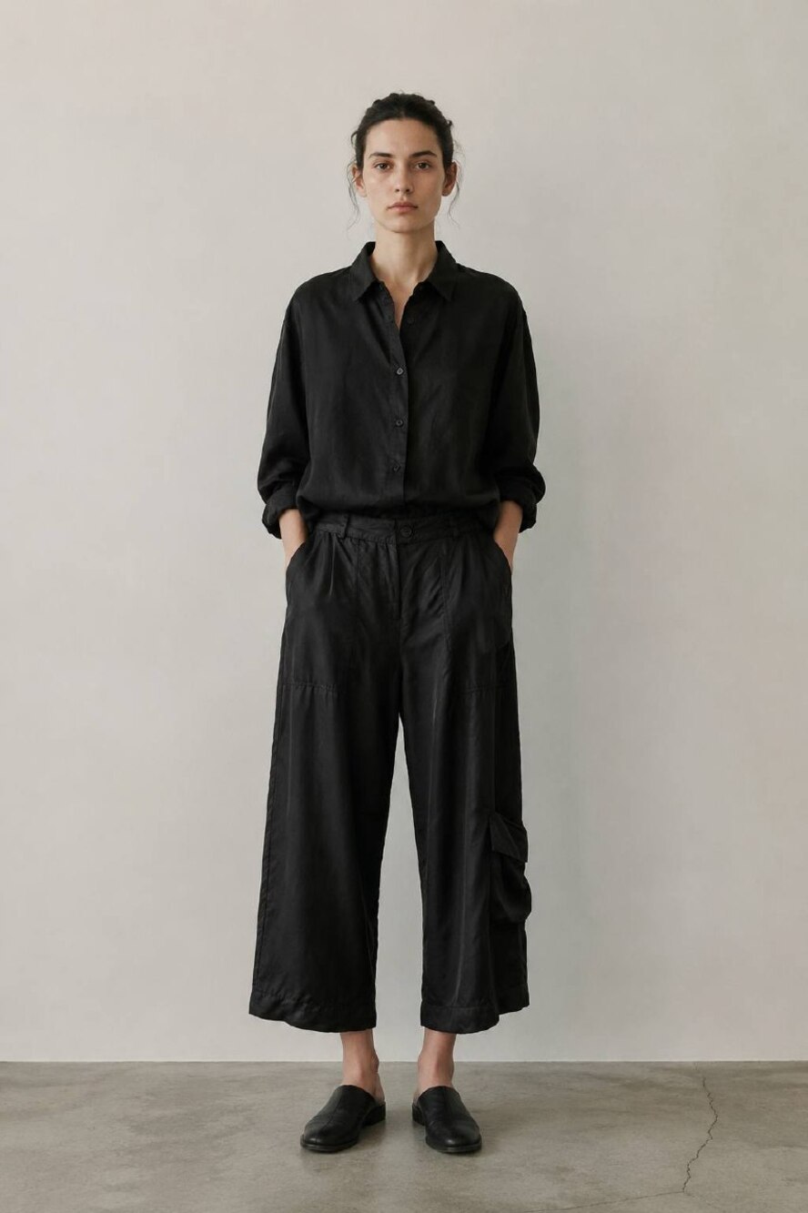 Isabel Benenato Cropped Wide Leg Cupro Pants Black